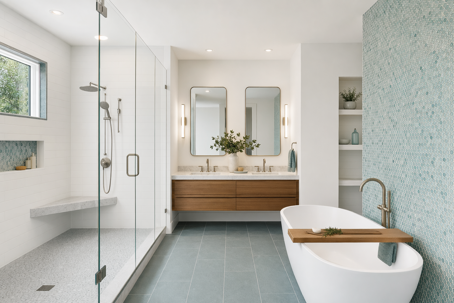 Illustration of a remodeled bathroom with a tiled walk-in shower, a floating vanity, and a calm seafoam-and-slate finish palette