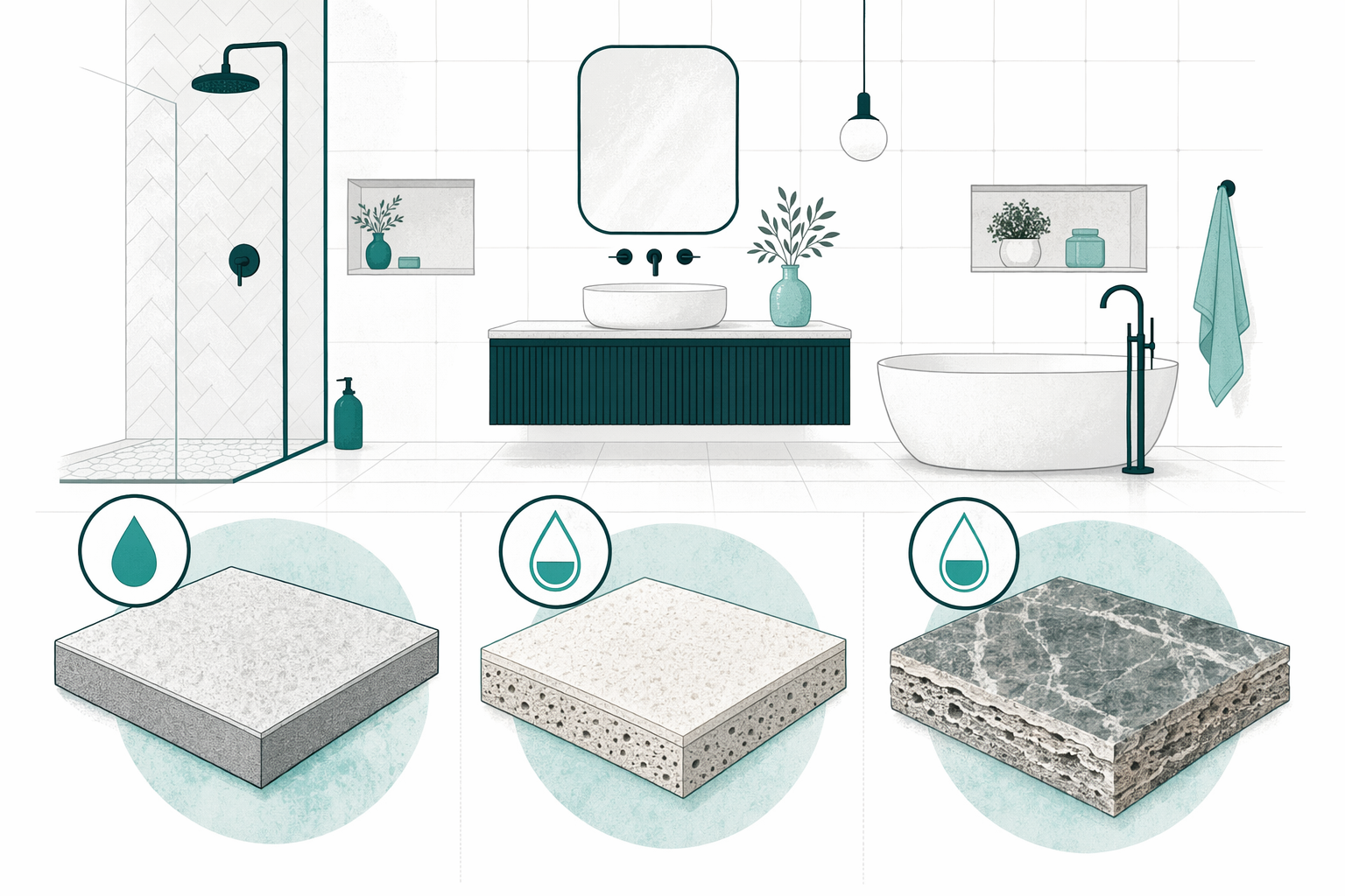 Illustration for Bathroom tile — porcelain vs ceramic vs stone